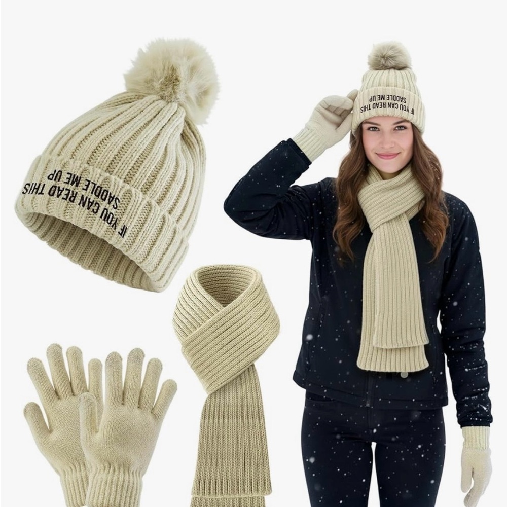 Cream Ribbed Pom-Pom Hat, Scarf & Gloves Winter Set